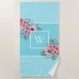 スカイブルーモノグラム水彩花ビーチタオル ビーチタオル