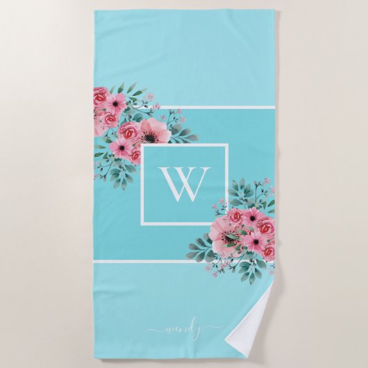 スカイブルーモノグラム水彩花ビーチタオル ビーチタオル (正面)