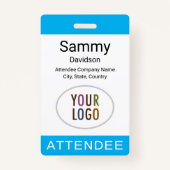 スカイブルー出席者バッジロゴランヤードクリップリール バッジ (正面)