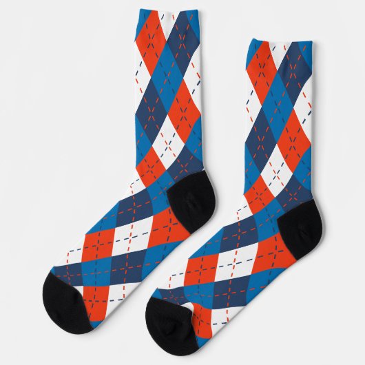 スカイブルー名門私立校風のネイビーブルーオレンジホワイトアーガイル ソックス (左)