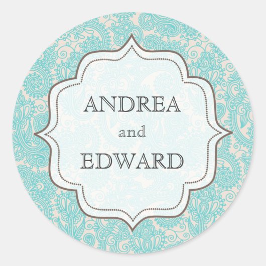 スカイブルー新郎新婦の名前ペイズリーステッカーラベル ラウンドシール (正面)