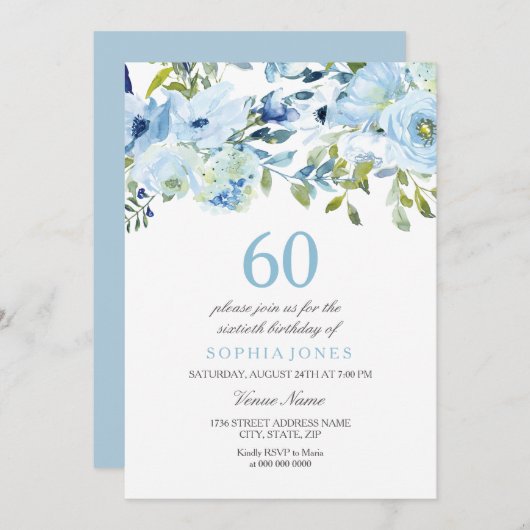 スカイブルー水彩花60th誕生日パーティー 招待状 (正面/裏面)