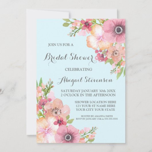 スカイブルー素朴ピンクフラワーズブライダルシャワー 招待状 (裏面)