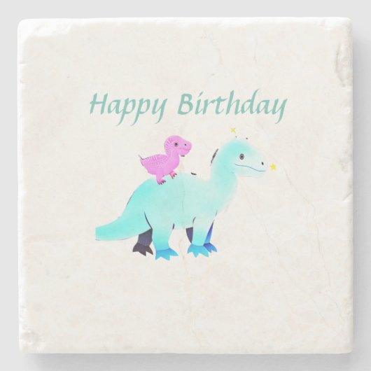 スカイブルー緑の赤い水色の恐竜の誕生日と ストーンコースター (正面)