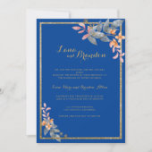 スカイブルー金ゴールドグリッターピンクオレンジ結婚フローラ 招待状 (正面)