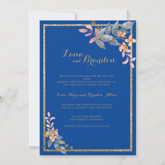 スカイブルー金ゴールドグリッターピンクオレンジ結婚フローラ 招待状 (正面)