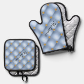 スカイブルー金ゴールドダイヤモンドタフテッド名前をカスタムする 鍋つかみ&鍋敷きセット (正面/裏面)