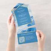 スカイブルー金ゴールド抽象芸術流体インクQRコー結婚ド オールインワン招待状 (貼ってはがせる)