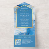 スカイブルー金ゴールド抽象芸術流体インクQRコー結婚ド オールインワン招待状 (内側)