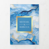 スカイブルー金ゴールド流体インクQRコー結婚ド 三つ折り招待状 (カバー)