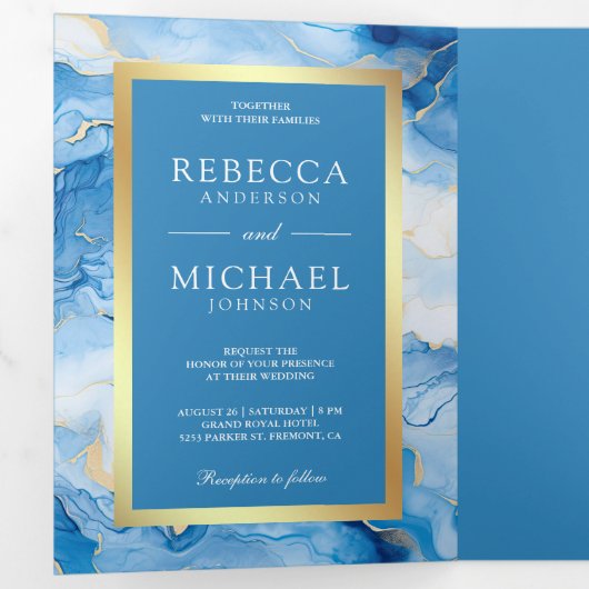 スカイブルー金ゴールド流体インクQRコー結婚ド 三つ折り招待状 (内部最初)