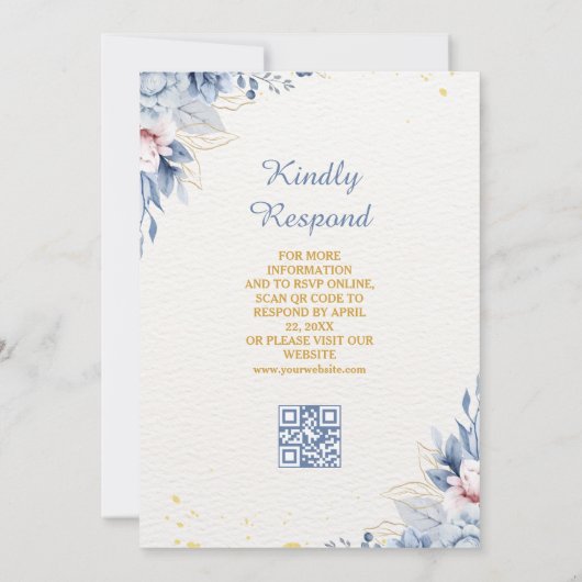 スカイブルー金ゴールド離れフローラムスリム結婚のqrコード 招待状 (裏面)