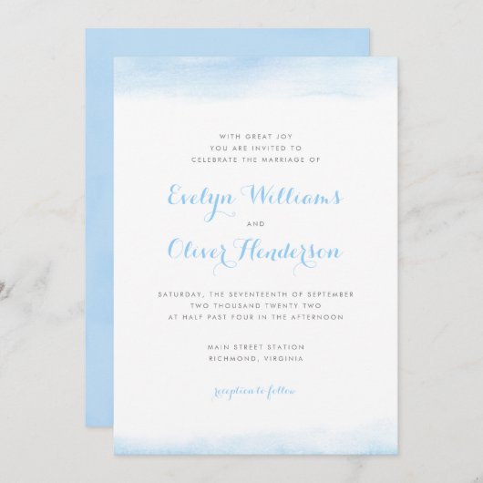 スカイブルー ウォーターカラー ディップ ウェディング 招待状 (正面/裏面)