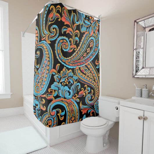 スカイブルー&オータムオレンジヴィンテージペイズリー シャワーカーテン (インサイチュ)