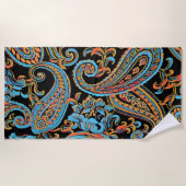 スカイブルー&オータムオレンジヴィンテージペイズリー ビーチタオル (正面)