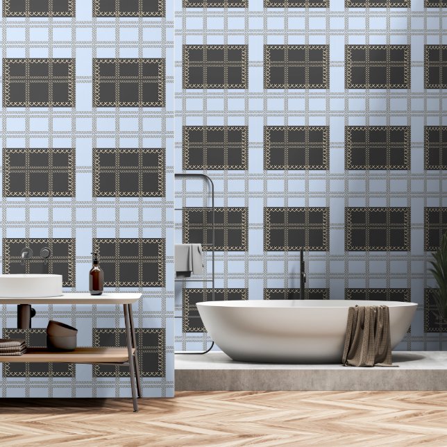 スカイブルー+グレイ図形プラス 壁紙 (浴室)
