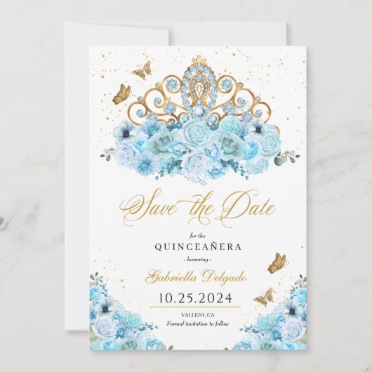 スカイブルー&金ゴールドティアラデイトクインセアニラを保存 招待状 (正面)