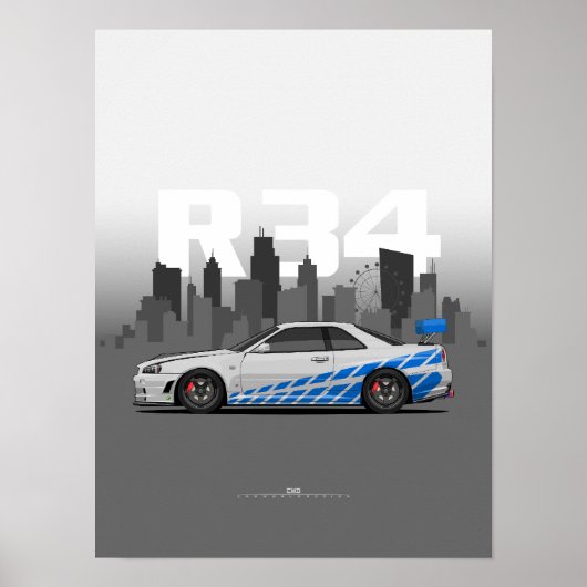 スカイライン R34 日本の性能イラスト ポスター (正面)