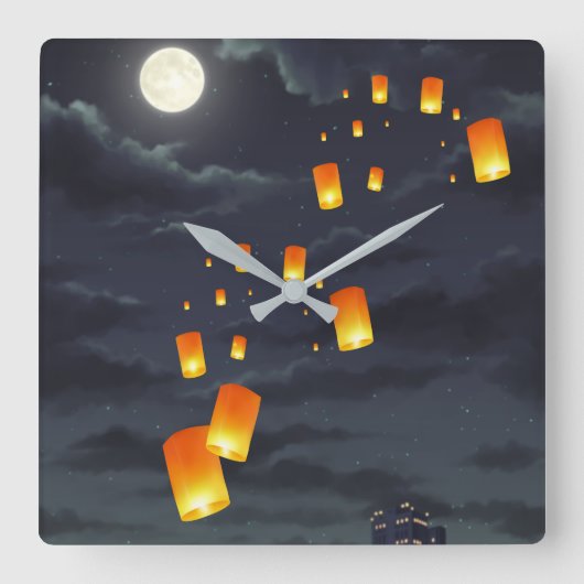 スカイランタン/黄色のランプ/ナイトライト スクエア壁時計 (正面)