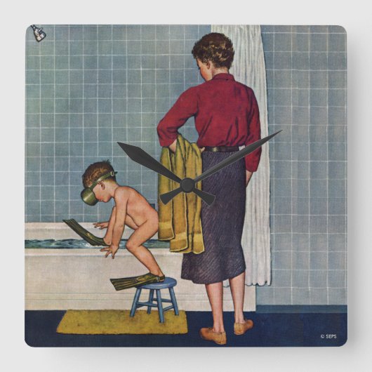 スカバを浴槽に入れる スクエア壁時計 (正面)