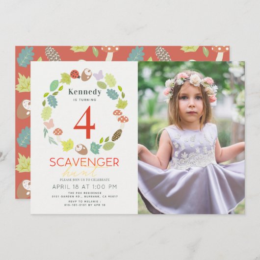 スカベンジャー狩り自然トレイルレッドフォト誕生日 招待状 (正面/裏面)