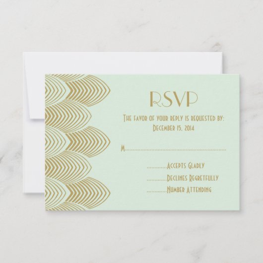 スカラップで仕上がるヴィンテージの20年代のアールデコRSVPのミントを結婚します 出欠カード (正面)
