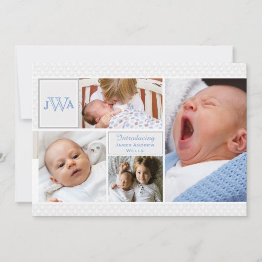 スカラップで仕上げられた写真のコラージュの誕生の発表 案内状 (正面)