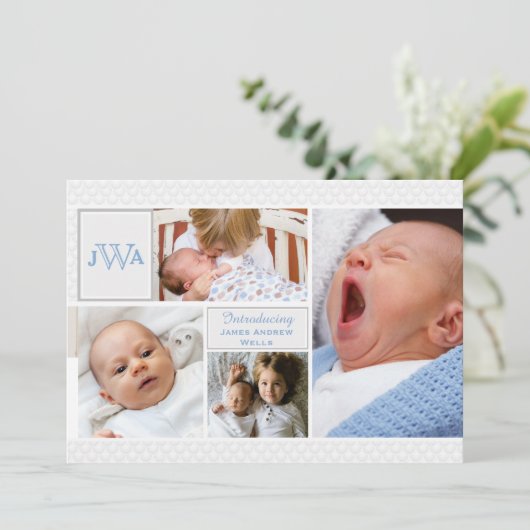 スカラップで仕上げられた写真のコラージュの誕生の発表 案内状 (スタンド正面)