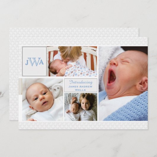 スカラップで仕上げられた写真のコラージュの誕生の発表 案内状 (正面/裏面)