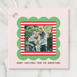 スカラップフレームのクリスマスフォト 赤ストライプ フェイバータグ