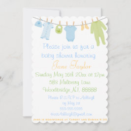 スカラップ型青と緑の小さな服のベビーシャワー 招待状