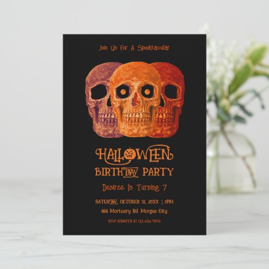 スカルおもしろいゴシックオレンジブラックハロウィーン誕生日 招待状 (スタンド正面)