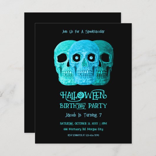 スカルおもしろいゴシックブルーティール(緑がかった色)ハロウィーンバジェット (正面/裏面)