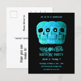 スカルおもしろいゴシックブルーティール(緑がかった色)ハロウィーン誕生日 インビテーションポストカード