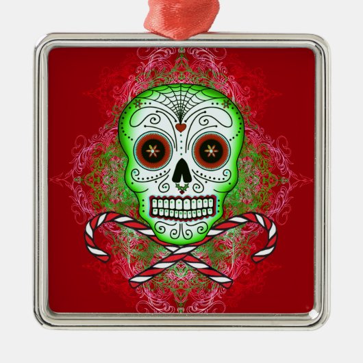 スカルおよびキャンディ・ケーンの正方形の飾り金具 メタルオーナメント (正面)