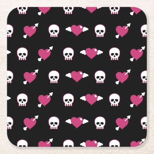 スカルおよびハート スクエアペーパーコースター (正面)