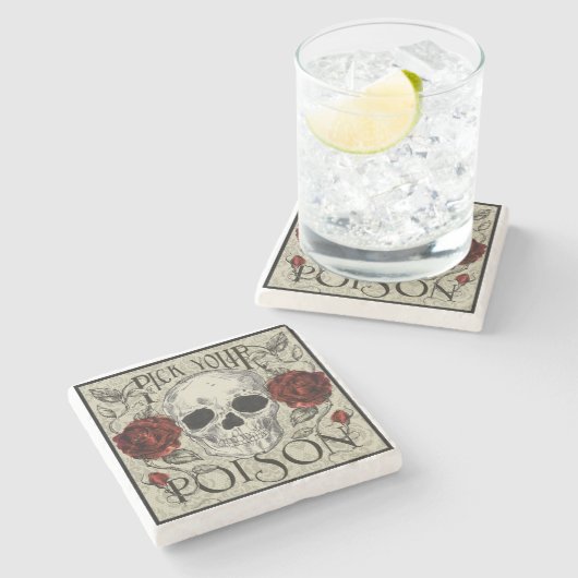 スカルおよびバラはあなたの毒コースターを選びます ストーンコースター (横)