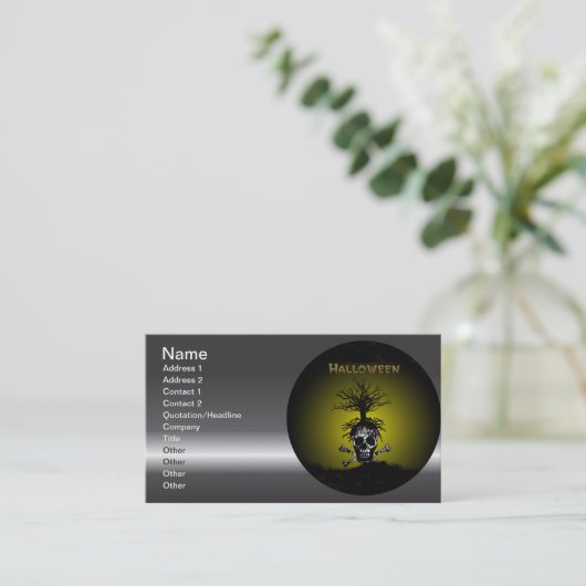 スカルおよび不気味な木とのハロウィンのデザイン 名刺 (スタンド正面)