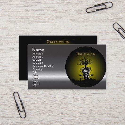 スカルおよび不気味な木とのハロウィンのデザイン 名刺 (正面/裏面インサイチュ)