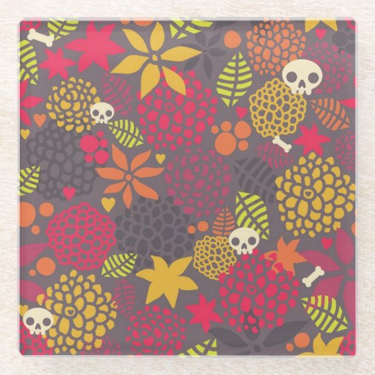 スカルおよび花 ガラスコースター (正面)
