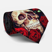 スカルおよび赤いバラメンズタイ ネクタイ (ロール)