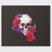 スカルで、黒い花の枝と赤いバラの海 ラッピングペーパー (フラット)