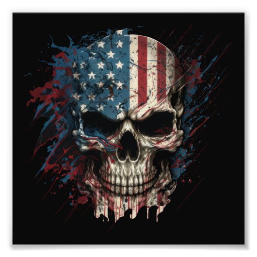 スカルとアメリカの国旗を掲げた フォトプリント            (正面)