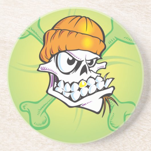 スカルとオレンジ色のクロスボーンスカルキャップ コースター (正面)