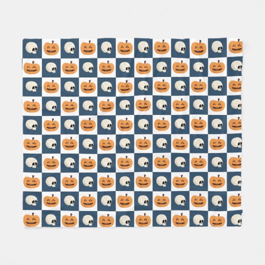 スカルとカボチャのチェック フリースブランケット (正面(横))