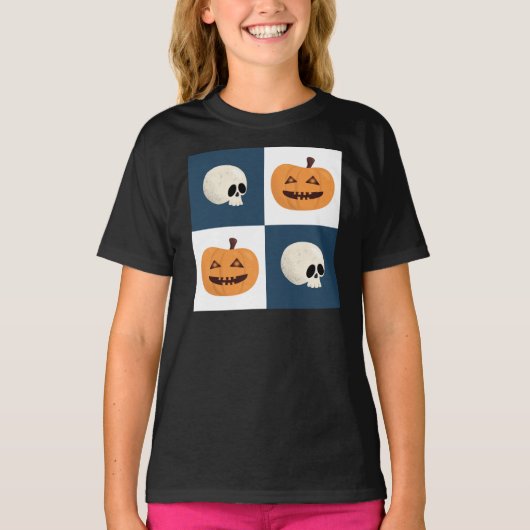スカルとカボチャのチェック Tシャツ (正面)