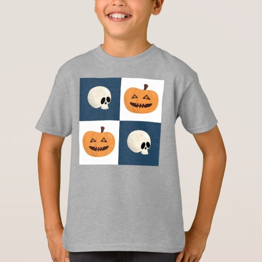 スカルとカボチャのチェック Tシャツ (正面)