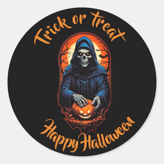 スカルとカボチャのトリックまたはハロウィーンの治療 ラウンドシール (正面)