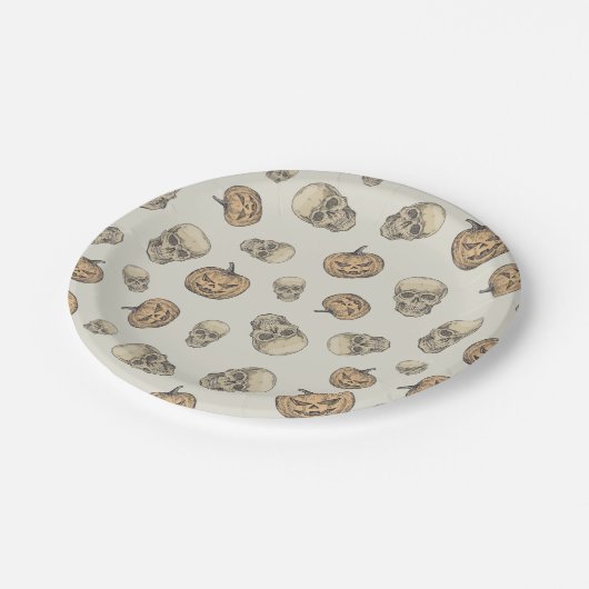 スカルとカボチャのハロウィーンパターン ペーパープレート (アングル)