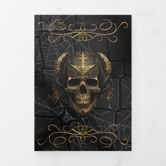 スカルとスパイダーウェブハローウィンパーティ招待状 三つ折り招待状 (カバー)